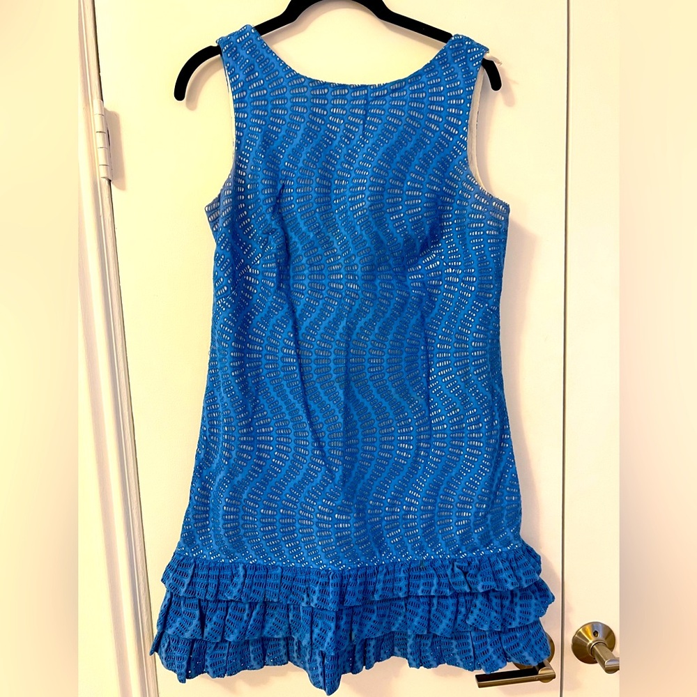 Lilly Pulitzer Blue Eyelet Sleeveless Ruffle Trim Dress Women’s Size 4